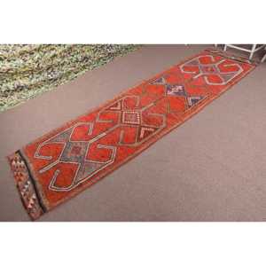 Turkish Rug, 3.2x12.4 ft Vintage Rug, <b>Red</b> Blue Bordered <b>Wool</b> Rug - Product Image 2