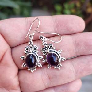 925 Sterling Silver Dangle <b>Earrings</b> Natural Amethyst Oval Gemstone Handmade <b>Cute</b> Jewelry for February Birthstone Amethyst - Product Image 2