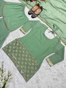 Faux Georgette Heavy bordado secuencia trabajo con manga completa Latkan Dori Top y Sharara Palazzo con borde de encaje Dupatta - Product Image 3