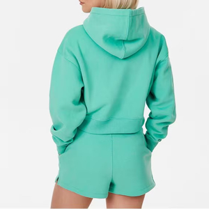 Ensemble de survêtement sport deux pièces en molleton 100% coton uni à manches longues et à capuche, personnalisable en gros, unisexe - Product Image 2