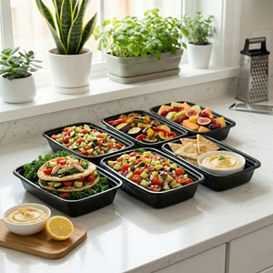 Contenitori per la preparazione dei pasti 3H da 24 once con coperchi (150 set/300 pezzi/cesto) Scatole rettangolari nere per la conservazione degli alimenti, tipo bento box, senza BPA e PFAS, per il pranzo - Product Image 2