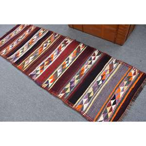 Alfombra Turca Vintage, Alfombra de 2.8x8 pies, Alfombra de Lana a Cuadros Roja y Naranja - Product Image 3