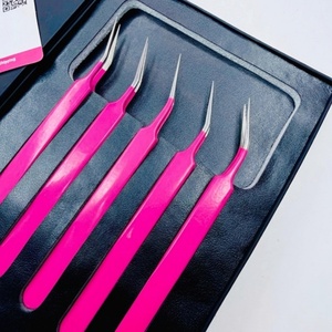 Pince à épiler pour cils GETUP BROSONS IMPEX de haute qualité en acier inoxydable, nouvelle isolation, couleurs rose vif, pointe lisse, poignée diamantée - Product Image 1