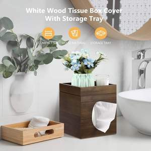<b>Brown</b> Wood Tissue Box Cover with Storage Tray Square Holder for Bathroom Bedroom Office Dinner Table for Wedding Tabletop Use - Product Image 4