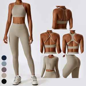Color sólido Activewear Yoga Set Halter Sports Bra Soft Seamless Leggings Mujeres Conjuntos de entrenamiento Gym Fitness Sets - Product Image 2