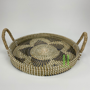 Plateau en jonc de mer Boho personnalisable de l'usine artisanale HNH avec poignée de panier ronde Plateau de service carré pour boîtes de rangement alimentaire OEM Bacs - Product Image 3