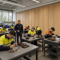 Institut australien de formation professionnelle : cloison amovible avec panneaux acoustiques pour projets d'atelier