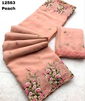 Beaux vêtements ethniques brodés pour femmes Saree georgette brodé pour les mariés-Femme de chambre à prix de gros