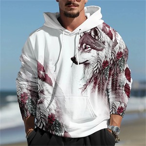 Primavera y otoño nuevos hombres moda 3D Lobo impresión sudaderas con capucha suelta Casual diario calle Vintage pulóveres - Product Image 4