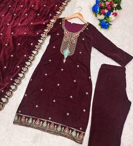 Robe longue pakistanaise Salwar Kameez Dupatta fabriquée à la main en velours de soie pour les réceptions de mariage - Product Image 1