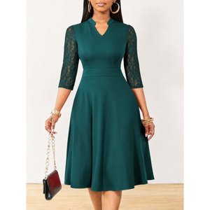 Women's Short-Sleeved V-Neck <b>Lace</b> Short Imported Crepe Dress, 35722 - <b>Green</b> - Product Image 1