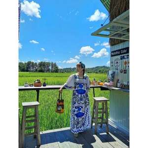 Robe longue en coton pour femmes, blanche et bleue, brodée, taille naturelle, décontractée, pour l'été, style ethnique bohème, vêtements de villégiature - Product Image 1