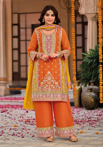 Exclusivo traje de boda y evento bordado Salwar Kameez Chinon de algodón indio pakistaní con Plazzo y Dupatta - Product Image 4
