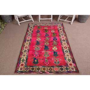 Vintage Turkish Rug 4.2x7 ft, <b>Red</b> Area Striped <b>Wool</b> Rug - Product Image 1