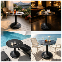 Table de café d'extérieur commerciale avec plateau rond en HPL imitation marbre noir et base en fonte