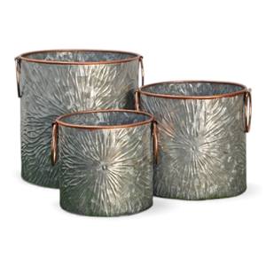 Ensemble de jardinières en métal galvanisé texturé avec bordure en cuivre, pots à fleurs rustiques en relief pour plantes d'intérieur et décoration de jardin - Product Image 1