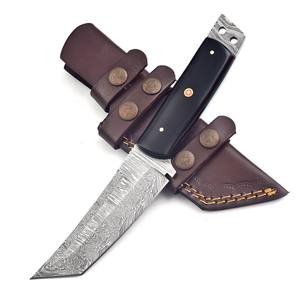 Cuchillo Tanto de Hoja Fija de Acero de Damasco de Grado Industrial OEM, Mango de Cuerno de Toro, Funda de Transporte, Hoja Completa, para Supervivencia, Caza - Product Image 5