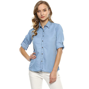 Camisa vaquera de moda para mujer con material de algodón suave, camisa vaquera de estilo clásico para mujer, adecuada para todas las estaciones, camisa vaquera para mujer - Product Image 1