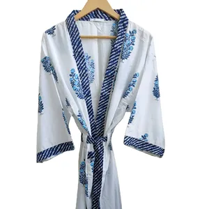 Directe Fabriek Levering Bloemenprint Witte Kleur Indiase Katoenen Kimono Robe Badjas Dames Cover-Ups Strand Kimono Gewaad