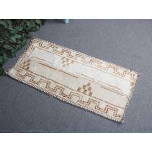 พรมวินเทจขนาดเล็ก 1.6x3.37 ฟุต พรมตุรกี สีขาวน้ำตาล ลายต้นไม้และพืช พรมขนสัตว์ - Product Image 1