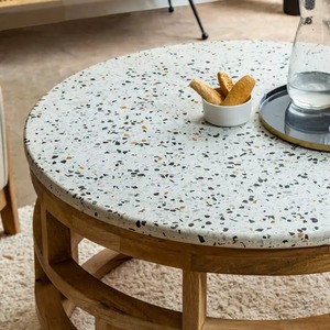 2026 New Design Modern Oval Coffee <b>Table</b> in Solid Mango Wood and Terrazzo Marble for Home Furniture - Product Image 3