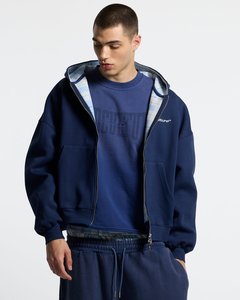 เสื้อฮู้ดซิปผู้ชายสีกรมท่า ทรงโอเวอร์ไซส์ ผ้าฝ้าย 100% เฟรนช์เทอร์รี่ เสื้อสเวตเชิ้ตมีฮู้ด สตรีทแวร์ เสื้อแทรคสูท - Product Image 1