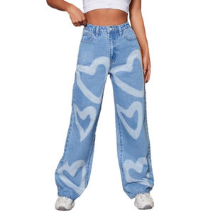 Nouvelle vente chaude coton respirant Vintage mode femmes taille moyenne jambe large Denim pantalon - Product Image 5