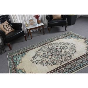 พรมขนสัตว์สีเบจสีฟ้าคลาสสิกขนาด5.1x7.9ฟุตงานเย็บปะสไตล์ตุรกีสำหรับห้องนั่งเล่นหรือห้องนอนพร้อมแผ่นยางรองหลัง - Product Image 2