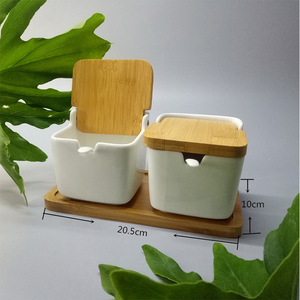 Pot à épices carré en céramique blanche, récipient de stockage de sucre de sel, Pot d'assaisonnement, ensemble de pots à épices avec couvercle en bambou, vente en gros - Product Image 5
