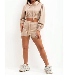 OEM/ODM <b>Women</b> Crop <b>Top</b> Hoodie <b>and</b> <b>Shorts</b> <b>Set</b> Comfortable Outdoor Activewear Solid contrast Color <b>Set</b> - Product Image 3