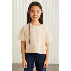 GRIMELANGE Camiseta de manga corta 100% algodón para niñas, camiseta infantil con etiqueta decorativa - Product Image 1