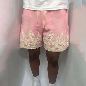 Pantalones cortos planos con cordón para exteriores, bolsillos laterales lavados con desteñidos al sol, parches de llama inferiores de Terry francés, pantalones cortos para hombre - Product Image 4