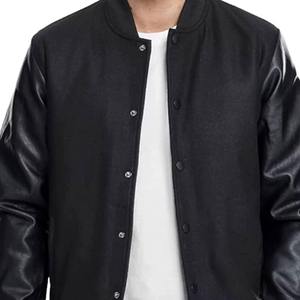 Veste universitaire noire pour homme, style baseball unisexe, design entièrement noir, boutonnée, bordure côtelée, option manches en simili cuir, vêtement d'extérieur chaud - Product Image 6