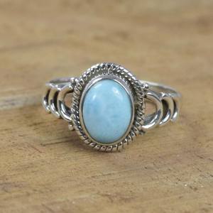 Bague ovale en larimar, argent sterling 925, bijoux en pierres précieuses, fabrication artisanale, bague en pierre bleue des Caraïbes, taille 6, vente en gros - Product Image 6