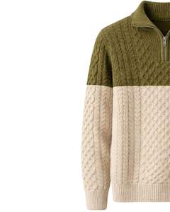 Manufacturer Customized <b>Mens</b> Quarter Zip Cable Knit Sweater Olive Green And Beige Color Block High Neck Warm Winter Pullover OEM - Product Image 3