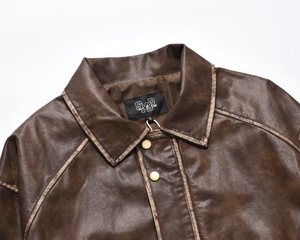 Chaqueta de Cuero Marrón de Alta Calidad con Diseño Nuevo, Chaqueta de Motociclista Retro Americana con Solapa Desgastada, Chaqueta de Cuero PU para Hombre - Product Image 5