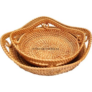 Plateau personnalisé de luxe en bois de rotin de qualité supérieure de forme ronde de concepteur standard simple fait à la maison et à l'hôtel - Product Image 3