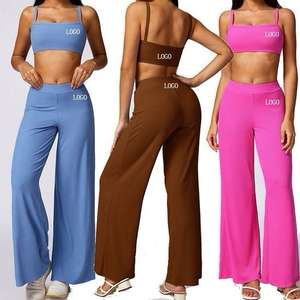 Conjunto Deportivo de Yoga para Mujer, Estilo Urbano, Cuello Cuadrado, Transpirable, Verano, Pierna Ancha, Cintura Elástica, Felpa, para Gimnasio - Product Image 1