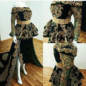 Traditional Premium Satin <b>Moroccan</b> Kaftan Bridal <b>Dress</b> Beaded Handwork Floral Print Natural Floor Length Party Embellishments - Product Image 4