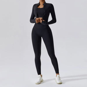 Conjunto de Yoga sin costuras de tres piezas para mujer, ropa de gimnasio de cintura alta, entrenamiento con chaqueta, Sujetador deportivo, pantalones cortos, decoración con cremallera - Product Image 6