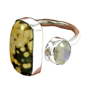 Natural Gemstone Ocean Jasper Rainbow Moonstone Vintage Look Open ring 925 sterling silver handmade wholesale jewelry