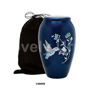Urna para adultos de cremación de latón azul marino con Colibrí y Flor de plata hecha a mano para cenizas humanas con bolsa de terciopelo gratis - Product Image 1
