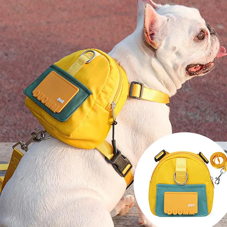 Venta caliente mascota perro mochila arnés Correa Conjunto personalizado al por mayor al aire libre caminar ajustable mascota perro arnés conjunto con bolsa mochila