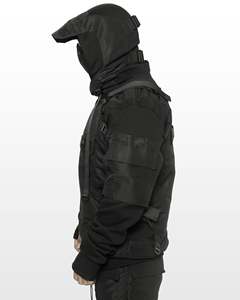 เสื้อแจ็คเก็ตผ้าแคนวาสแบบไม่มีปกสำหรับผู้ชาย สไตล์ Techwear สีดำ มีฮู้ด หลายกระเป๋า แบรนด์ Oem High Street - Product Image 3