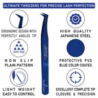 Pinzas de pestañas de volumen tipo L azul personalizadas con bolsa de cuero Material de acero inoxidable punta puntiaguda Etiqueta Privada