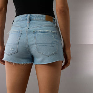 Pantalones cortos de fiesta de verano azul claro para mujer, dobladillo crudo rasgado, algodón desgastado, cinturón con botones, cintura, técnicas lavadas transpirables - Product Image 4