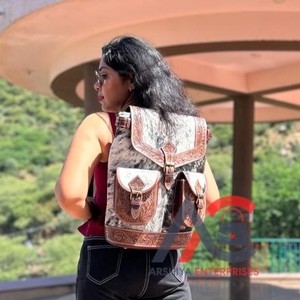 New Arrival Western Stylish Hand Tooled Hair on Cowhide Leather Backpack High Quality Genuine Leather Durable Backpack for Women - Product Image 1