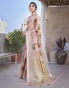 ส่าหรีผู้หญิงพิมพ์ลายผ้าอาร์ตซิลค์พร้อมชุดเบลาส์แบบแยกชิ้นหรูหราน้ำหนักเบาสำหรับสวมใส่สบายๆทุกวันหรือตามเทศกาล - Product Image 2