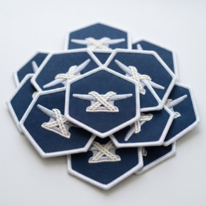 Custom Patch Brand Supplier Hexagon Morning Glory Light Blue <b>Flower</b> Badge White Twill Matching Border Iron On <b>Applique</b> - Product Image 4
