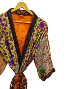 Fait à la main indien Vintage soie recyclée Sari Kimono Patchwork Kimono Robe Bikini couvrir vêtements de nuit longue Robe, - Product Image 4